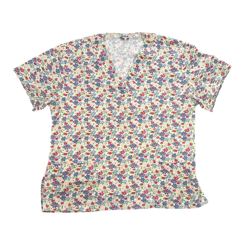 Salus Medical Uniforms Floral V Neck Scrub Top Women‎ Size M Red Blue White